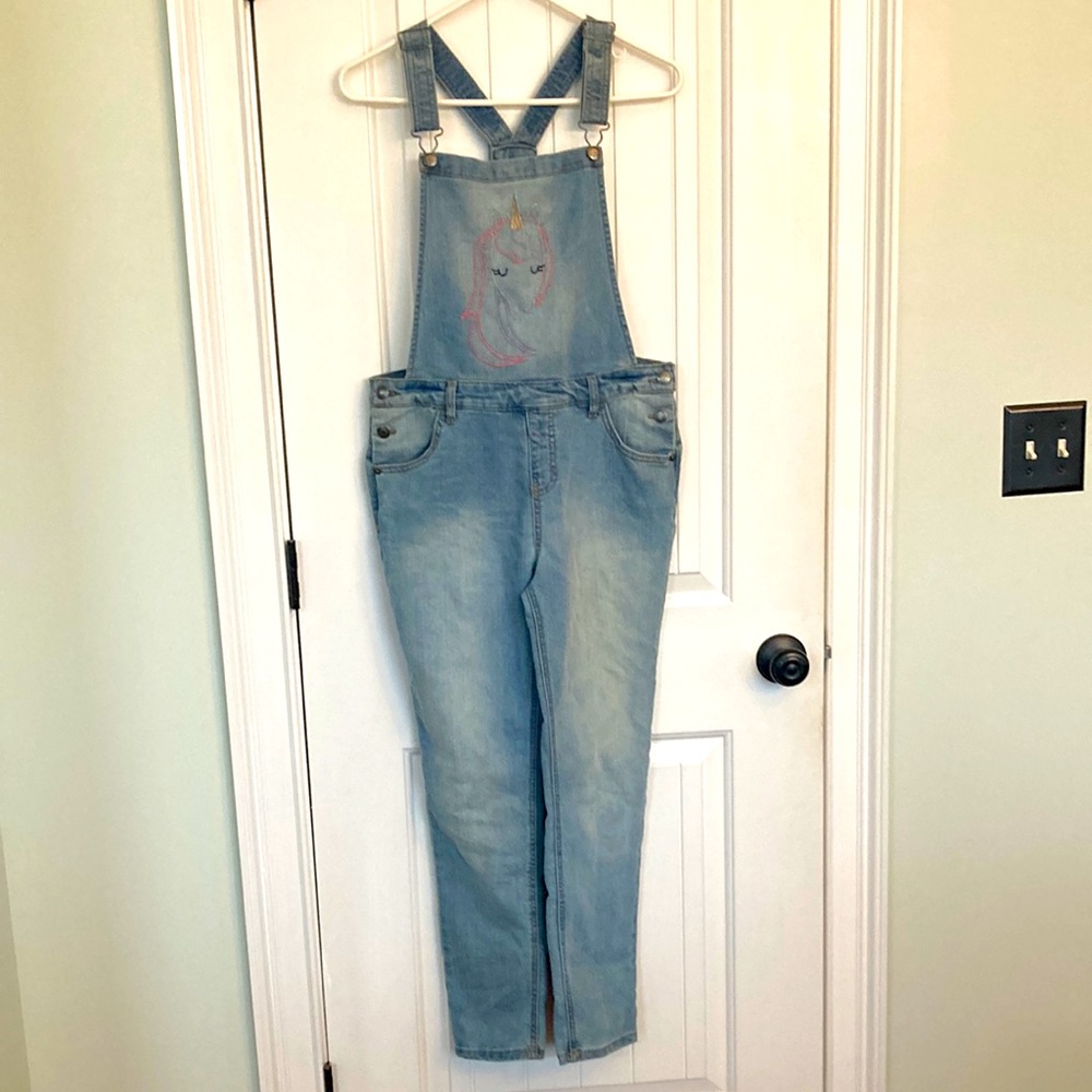 Cat & Jack Girl's Embroidered Unicorn Light Denim Wash Jean Overalls XL (14/16) - Picture 1 of 9